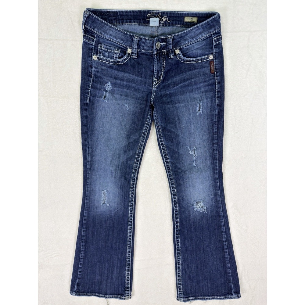 Silver Jeans Womens 28‎ Blue Dark Wash Low Rise Lola Flare Distressed Stretch